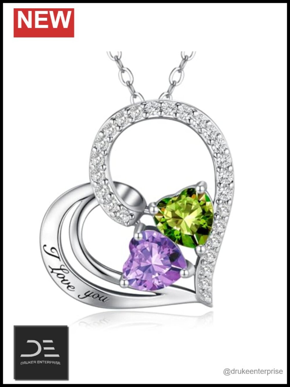 Sterling Silver Heart Two Birthstone Pendant Necklace 18 in